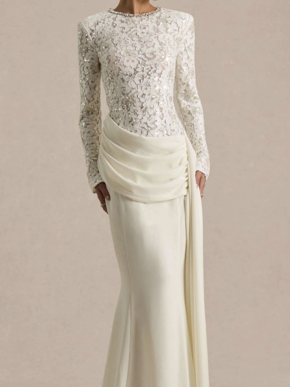 Embellished Lace Long-Sleeve Satin Gown in Ivory